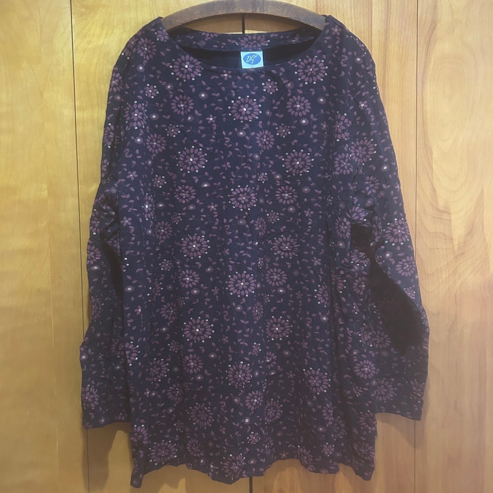 Diane Gilman Top Size 3X Black Print Tunic Stretch Metallic Accent Artsy Office